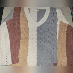 POL Women's V-Neck Striped Sweater - Cream, Blue, Tan, Pink